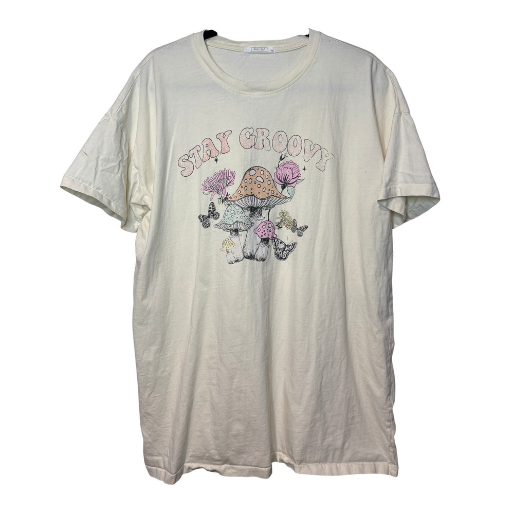 Full Tilt Stay Groovy Mushroom Graphic Tee Cream XL Boho Cotton T-Shirt